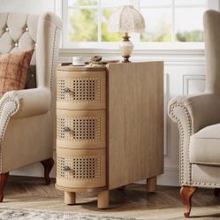 Tribesigns 3-Drawer Rattan End Table, Sofa Side Table with Vintage Embossed Handles, Slim Nightstand
