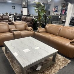 Brown Sofa & Loveseat Power Adjustable Headrest & Recliners