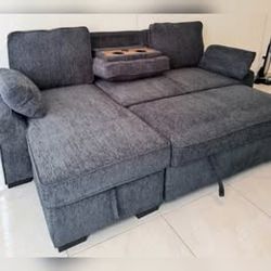 Chenille Sectional pull out sofa sleeper with cup holder and USB