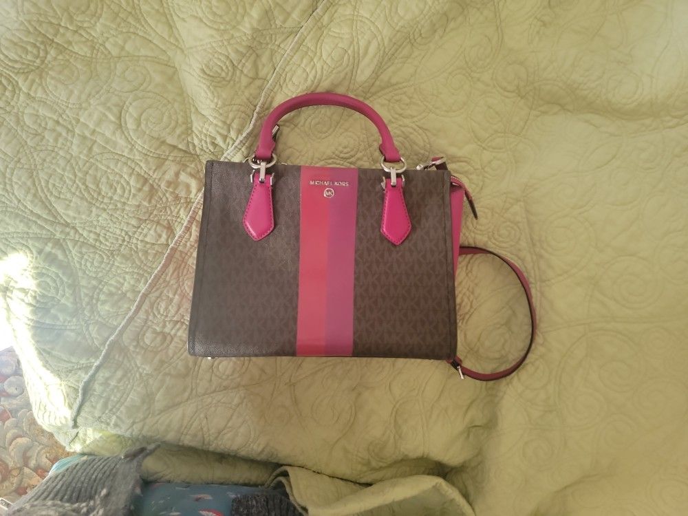 Michael Kors Marilyn MK LOGO BROWN RED Medium Satchel Shoulder Bag