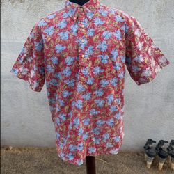 PreOwned Reyn Spooner Red/Blue Hawaiian Print 3/4 Button Men's Large