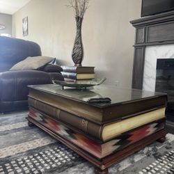 Stacked Books Coffee + 2 End Table Set – Glass Tops & Storage 