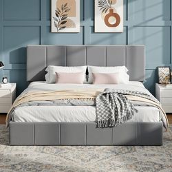 King Size Bed Frame, Velvet Upholstered Platform Bed, Vertical Channel Tufted Adjustable Headboard, Low Profile Bed Frame, No Box Spring Needed, Easy 