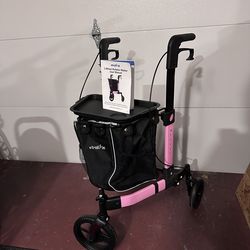 New 3 Wheel Walker,  Foldable Rollator Walker with Tray & Large Storage Bag, 10" Big Wheels for All Terrain, 350 lb Weight Capacity; Pink