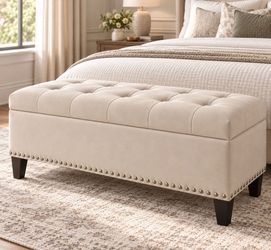 Title: Beige Suede-Look Tufted Storage Ottoman Bench – Bedroom / Entryway