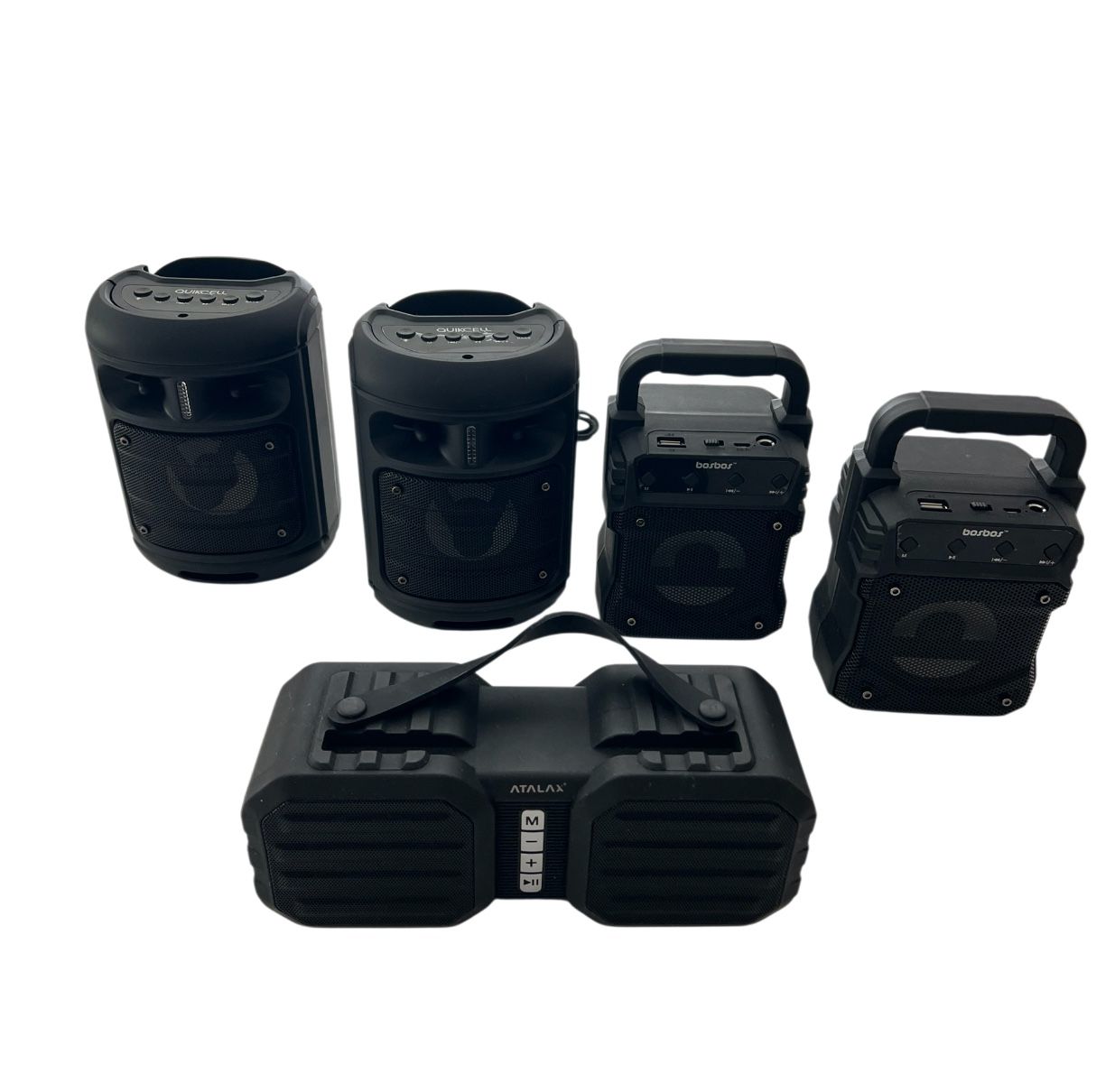 Bundle of 5 Wireless Bluetooth Speakers – Quikcell, Bosbos, and Atalax – Excellent Condition
