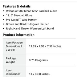 Baseball Glove 12.5 Wilson A1000 KP92