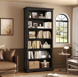 76” H,6-Tier Wooden Bookshelf, Bookshelf with Storage, Floor Standing Modern Style Display Bookcase , Black