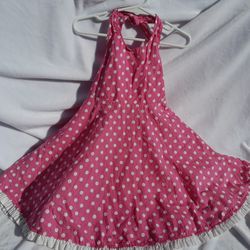 Girls' Party Dress, Pink, With White Dots And Ruffles, Halter Tie On Bodice