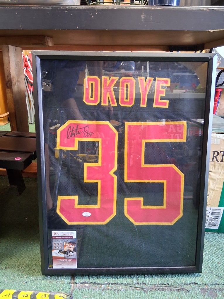 Christian Okoye Autographed Jersey In Case With JSA COA