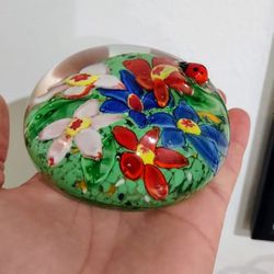 Murano Style Art Glass Paperweight Floral Millefiori Applied Lady Bug