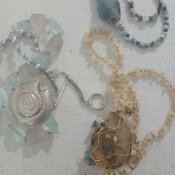 Handmade BLUE ROCK CRYSTAL & BRUSHED STERLING CHARM AMMONITE CITRINE NECKLACE LARIMAR ROCK CRYSTAL CHOKER