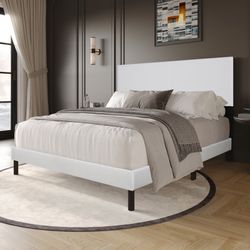 NEW IN BOX White Faux Leather Platform Bed Frame Available In Twin, Full, Queen & King Size 