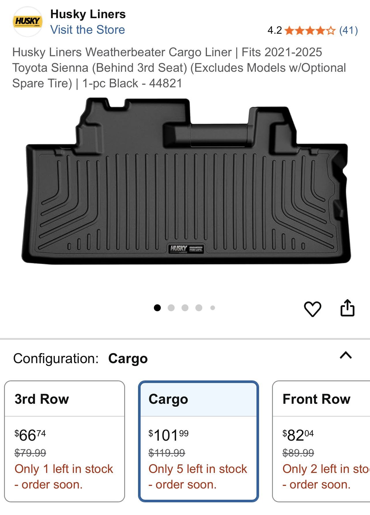 Husky Liners Weatherbeater Cargo Liner | Fits 2021-2025 Toyota Sienna (Behind 3rd Seat) (Excludes Models w/Optional Spare Tire) | 1-pc Black - 44821