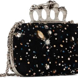 Alexander McQueen Black Suede Four Ring Knuckle Skull Box Clutch Silver Chain Space Star Celestial Shoulder Bag  Gothic