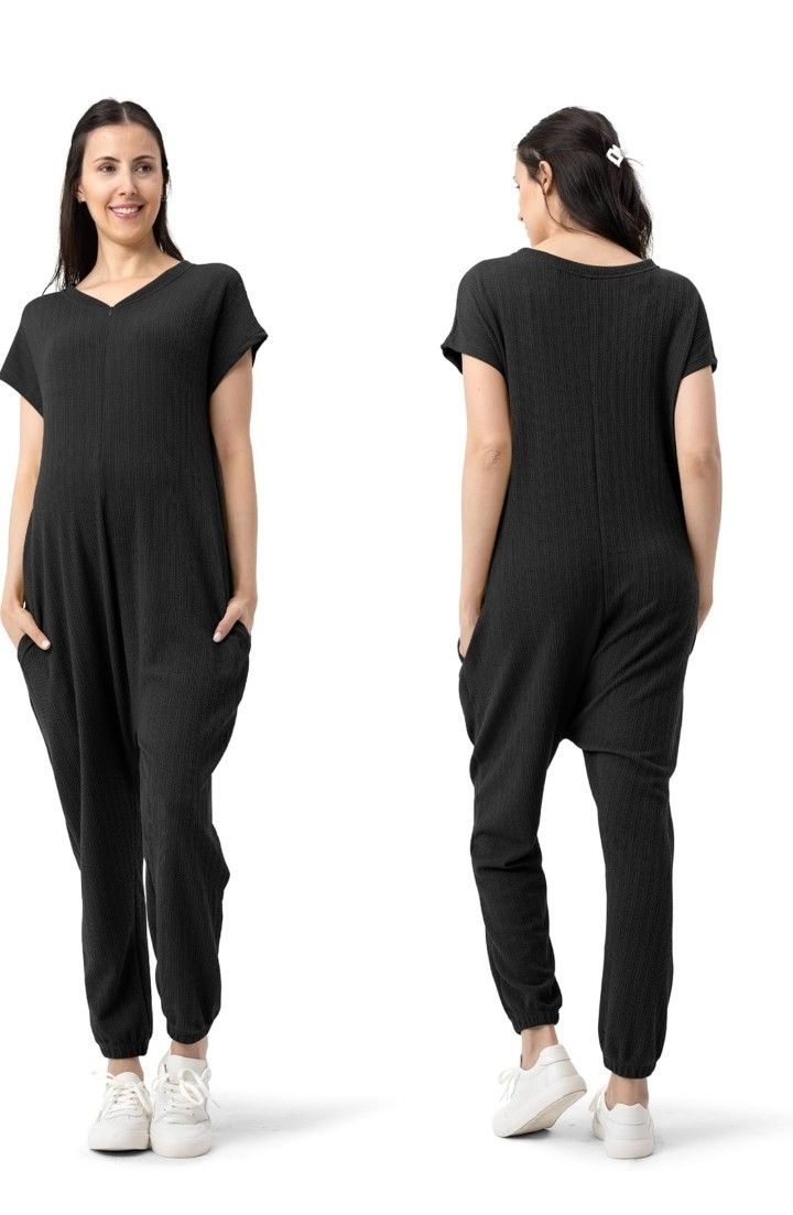 Maternity Jumpsuits Casual Short Sleeve Outfits Side Pockets Pregnancy Nursing Rompers with Zipper