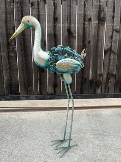 Vintage Metal Garden Crane Sculpture with Blue Stones