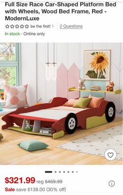 *NEW*Full Size Race Car Shaped Platform Bed with Wheels Wood Bed Frame
