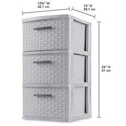 Sterilite 3 Drawer Weave Tower, Plastic Décor Drawers with Pull Handles, Gray 