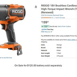 RIDGID 18V Brushless 1/2" High-Torque Impact Wrench – Tool Only