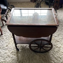 Antique All Wood Tea Cart And 2 Handle Tray