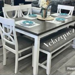 ✅️✅️(6 pc white & grey finish wood dining table set grey padded seat chairs and bench✅️✅️✅️