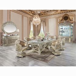 SORINA 9 PIECE DINING TABLE ARM CHAIR SET FAUX LEATHER ANTIQUE GOLD FINISH