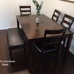 6-pc Dining Table Set With Bench Espresso Finish 