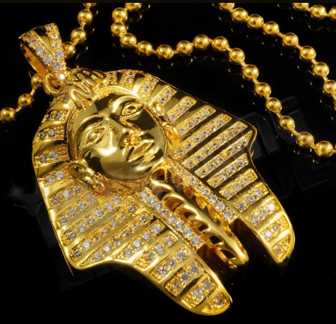 18k Gold Silver King Tut Pharaoh MINI Simulated Diamond Pendant Hip Hop Chain
