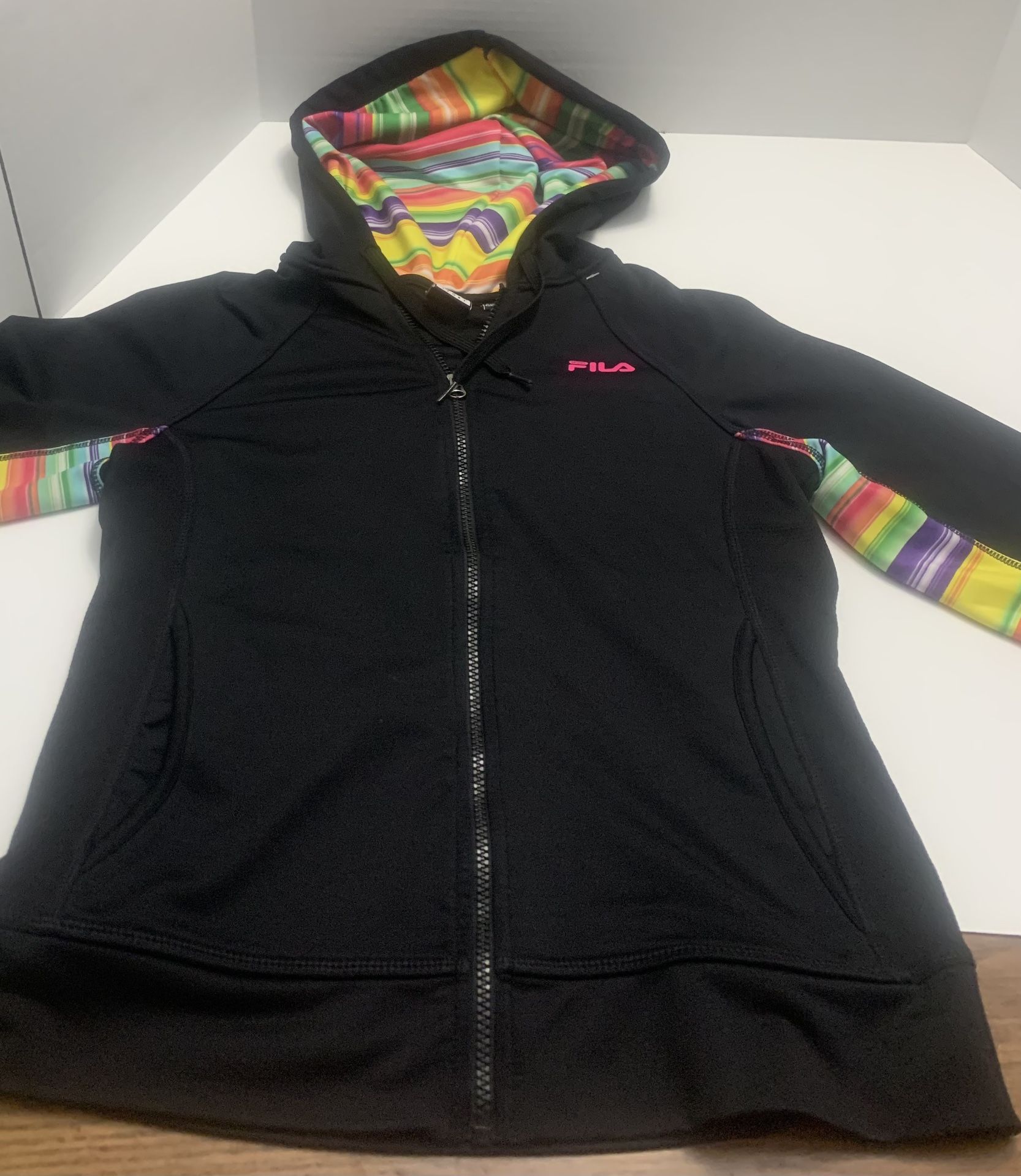 Fila Women’s Athletic Long Sleeve Black Zip Up Jacket Pink Fila Rainbow Half Sleeve And Inside Medium M S/M