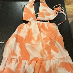 Orange and white floral halter dress size xs 