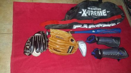 BASEBALL BUNDLE - BAT, 2 LEATHER GLOVES, HARD SHELL SHINS, EASTON BAT BAG, CUP, BELT