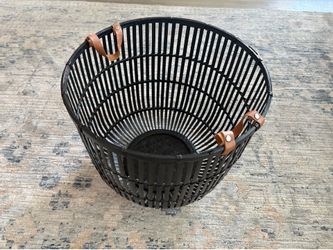 🇸🇪 IKEA HURRING Rattan Basket With Top-Grain Brown Leather Handles in🎋 bamboo black