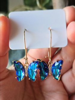 Blue Crystal Butterfly Drop Earrings