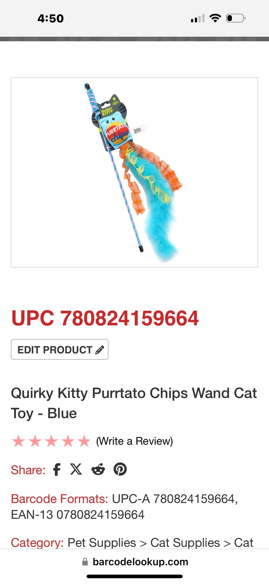 Quirky Kitty Purrtato Chips Wand Cat Toy - Blue