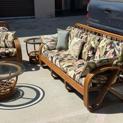 Mid century modern 4 strand rattan,pretzel shapecouch and love seat with coffee table and end table 