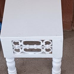 ANTIQUE HEAVY  FOOT STOOL, WOOD & ORNATE  METAL TRIM 3 SIDES    $20.