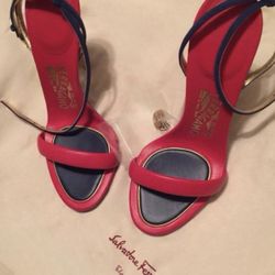 Salvatore Ferragamo ankle strap heels - 37.5 (Red, Royal Blue & Gold)