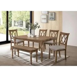 ANTIQUE NATURAL OAK 6 PIECE DINING TABLE SET CHAIRS BENCH - MESA SILLAS COMEDOR BANCO