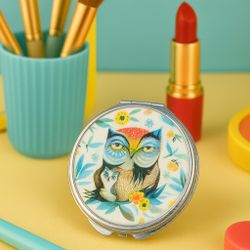 Allen Designs 2000s “Owl & Owlet” Metal Enameled Compact Mirror Pill Box, 2.25”