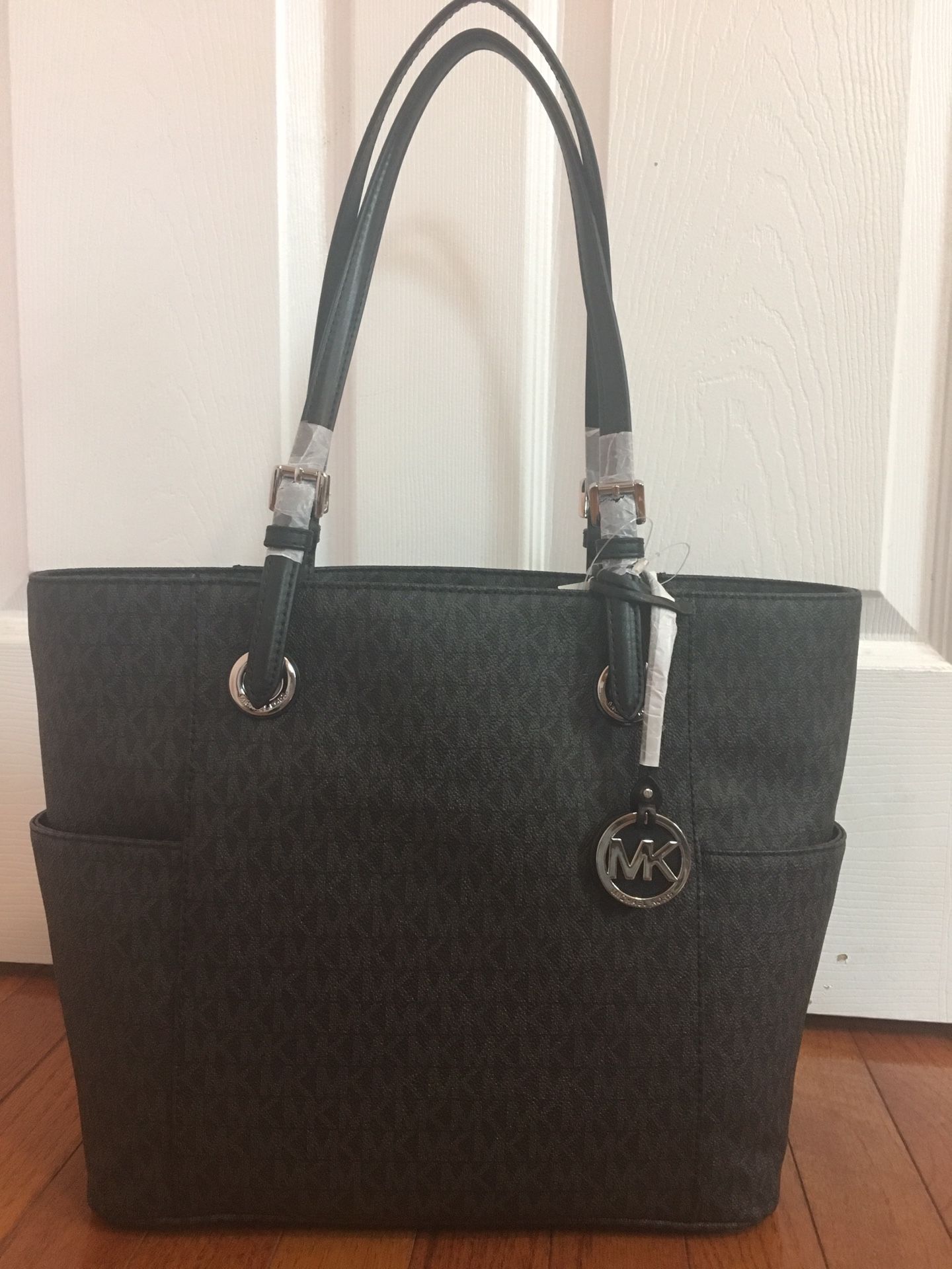 Michael Kors Jet Set MK Logo Black EW Signature Tote Handbag