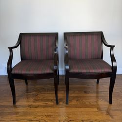 Pair Of Vintage Gunlocke Armchairs, Solid Cherry Frame with Multi-tonal Stripe Upholstery