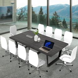 Modern Rectangle Office Meeting Table with Wood Tabletop and Metal Frame & Legs in Grey - 8 Foot