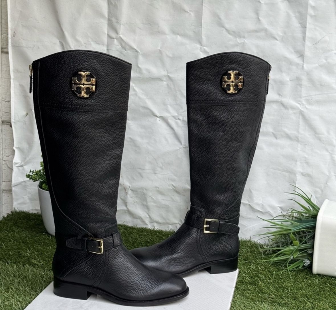 Tory Burch Adeline tall Riding Boots tumbled black leather women's