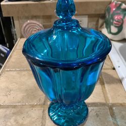 Beautiful LE Smith Simplicity Peacock Blue Pedestal Compote, Covered Candy, MCM