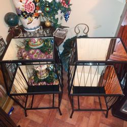 2 Beautiful Glass End Tables In Excellent Condition And A Wicker Floor Lamp
