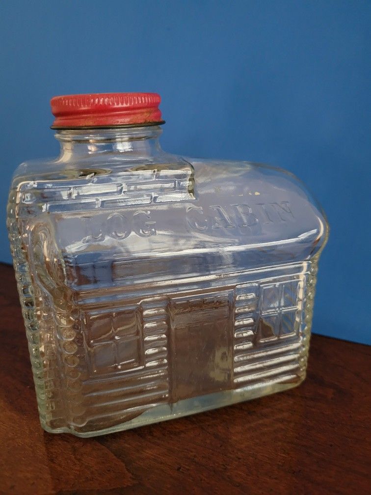 Log Cabin Syrup Glass Coin Bank with Metal Screw On Slotted Cap