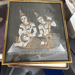 Vintage Framed Thai Art On Silk India Hindu Musicians Folk Art