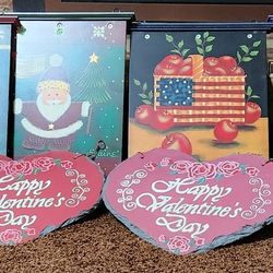 Collection of  9  wood painted  Garden Flags and 2 slate Flags  with metal hooks, each approx 10"x13 "