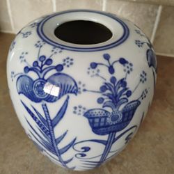 Vintage Asian Blue and White Ceramic or Porcelain Vase Pot  